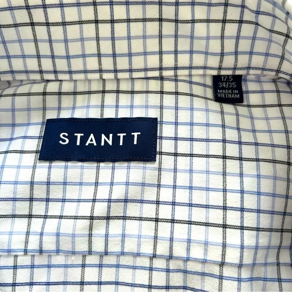 Stantt NEW Performance Tech Stretch Shirt Blue Black Tattersall Size 17.5 34/35