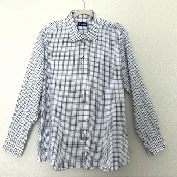 Stantt NEW Performance Tech Stretch Shirt Blue Black Tattersall Size 17.5 34/35
