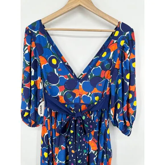 STAUD Affogato Maxi Dress V-Neck Balloon Sleeve Fruit Print Belted, Blue NWT