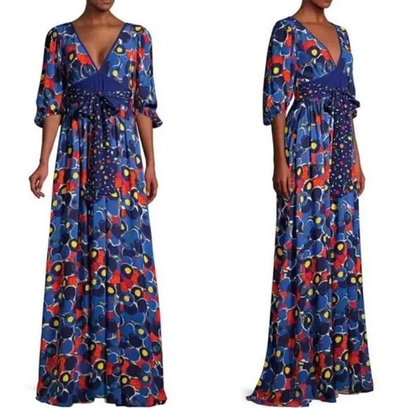 STAUD Affogato Maxi Dress V-Neck Balloon Sleeve Fruit Print Belted, Blue NWT