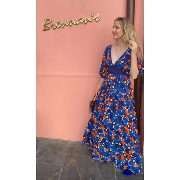 STAUD Affogato Maxi Dress V-Neck Balloon Sleeve Fruit Print Belted, Blue NWT
