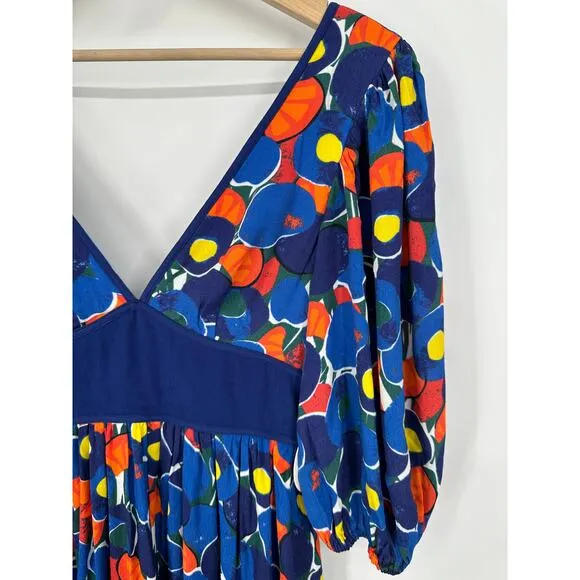 STAUD Affogato Maxi Dress V-Neck Balloon Sleeve Fruit Print Belted, Blue NWT