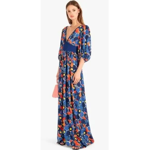 STAUD Affogato Maxi Dress V-Neck Balloon Sleeve Fruit Print Belted, Blue NWT