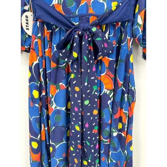STAUD Affogato Maxi Dress V-Neck Balloon Sleeve Fruit Print Belted, Blue NWT