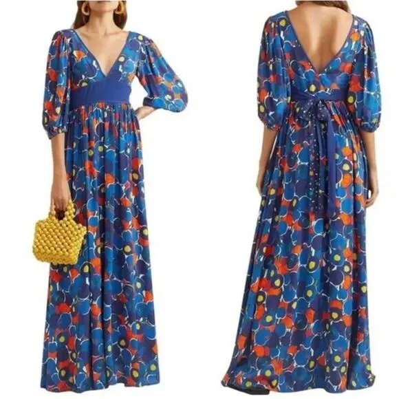 STAUD Affogato Maxi Dress V-Neck Balloon Sleeve Fruit Print Belted, Blue NWT