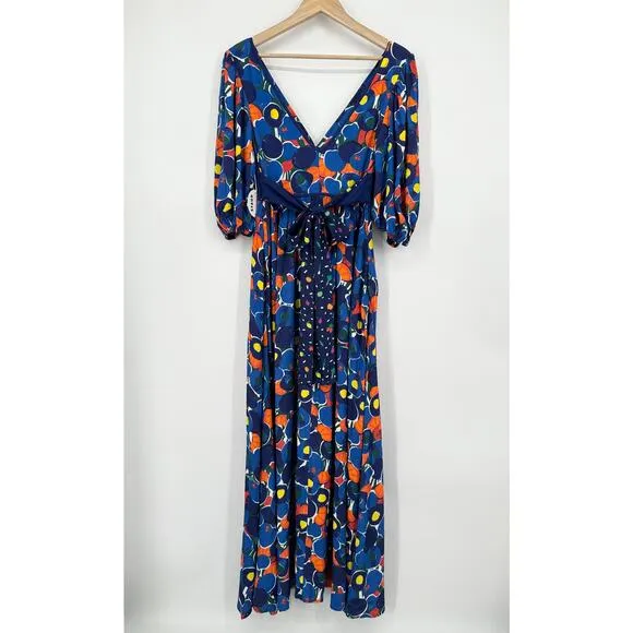 STAUD Affogato Maxi Dress V-Neck Balloon Sleeve Fruit Print Belted, Blue NWT