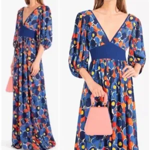 STAUD Affogato Maxi Dress V-Neck Balloon Sleeve Fruit Print Belted, Blue NWT