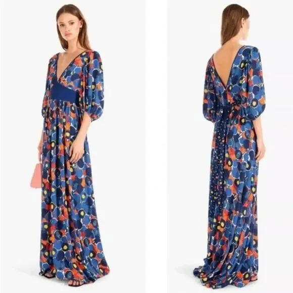 STAUD Affogato Maxi Dress V-Neck Balloon Sleeve Fruit Print Belted, Blue NWT