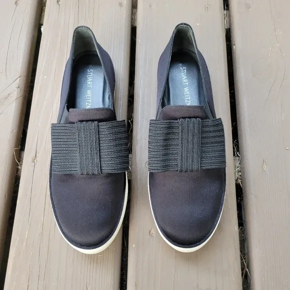 Stuart Weitzman Black Satin Bowgal Bow Slip-on Platform Sneakers Woman's 9.5