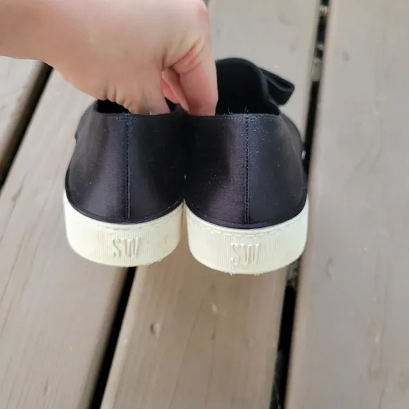Stuart Weitzman Black Satin Bowgal Bow Slip-on Platform Sneakers Woman's 9.5