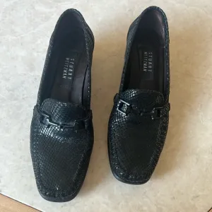 Stuart Weitzman Black Suede Leather Snakeskin Slip-On Block Heel Loafers 9.5