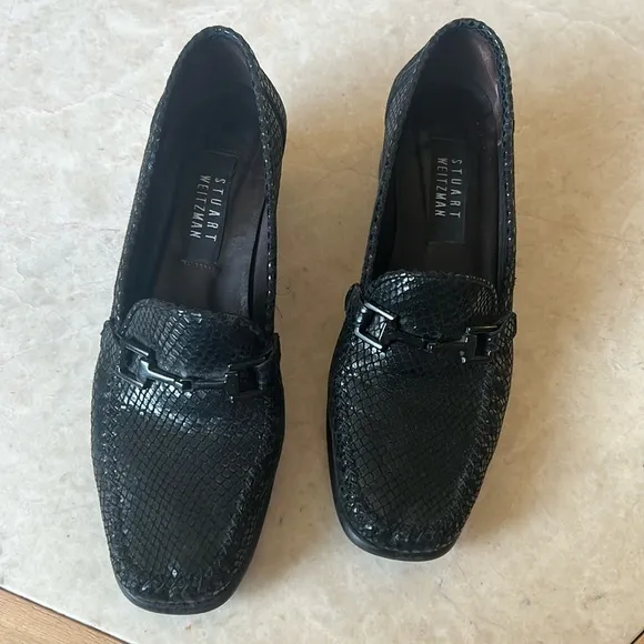 Stuart Weitzman Black Suede Leather Snakeskin Slip-On Block Heel Loafers 9.5