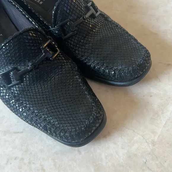Stuart Weitzman Black Suede Leather Snakeskin Slip-On Block Heel Loafers 9.5