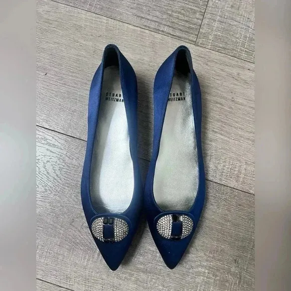 Stuart Weitzman Jewel Midnight Satin Slip On Pointy Toe Flats Like New Size 8.5
