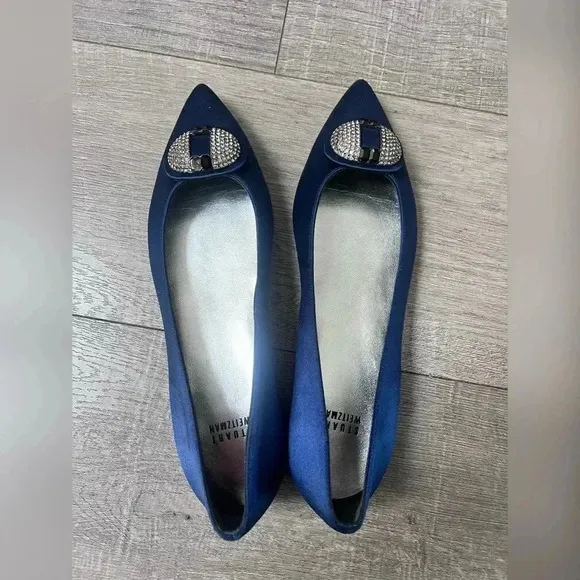 Stuart Weitzman Jewel Midnight Satin Slip On Pointy Toe Flats Like New Size 8.5