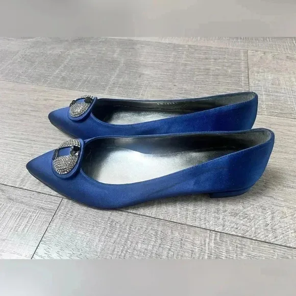 Stuart Weitzman Jewel Midnight Satin Slip On Pointy Toe Flats Like New Size 8.5