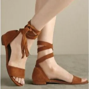 Stuart Weitzman Suede Brown Wrap Sandal Flats