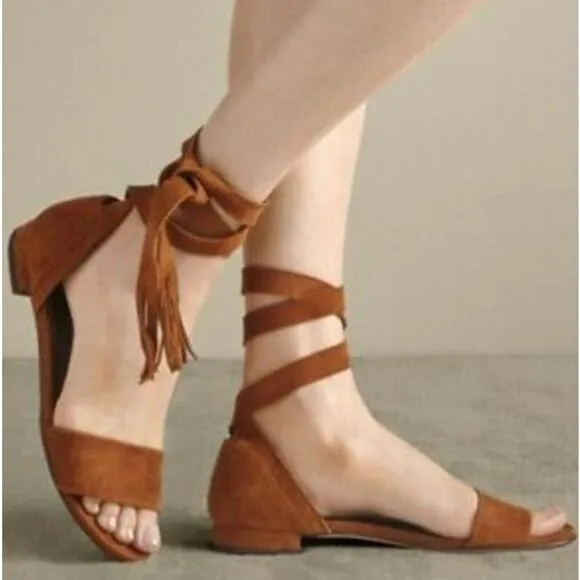 Stuart Weitzman Suede Brown Wrap Sandal Flats