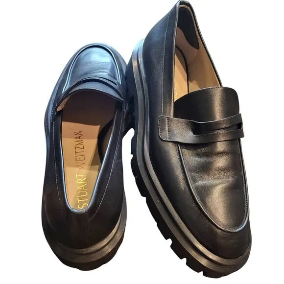 Stuart Weitzman Ultralug Penny Loafers Women's 8 B Black Chunky Leather