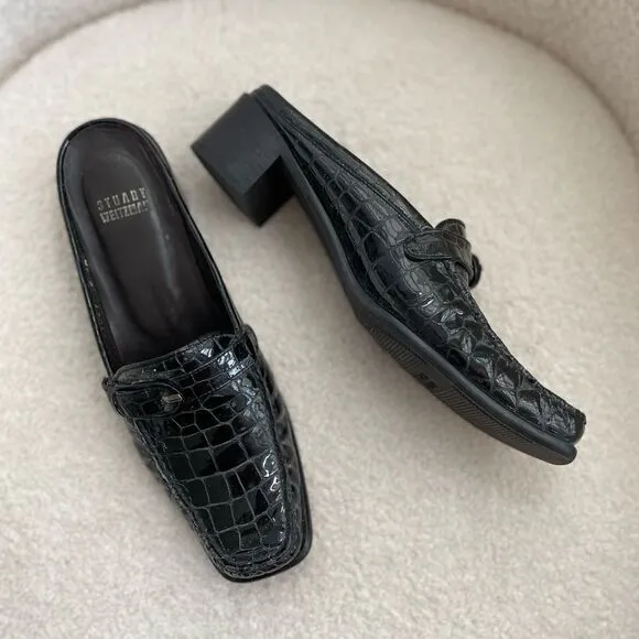 Stuart Weitzman Black Crocodile Patent Leather Block Heel Mules Shoes 8 Narrow
