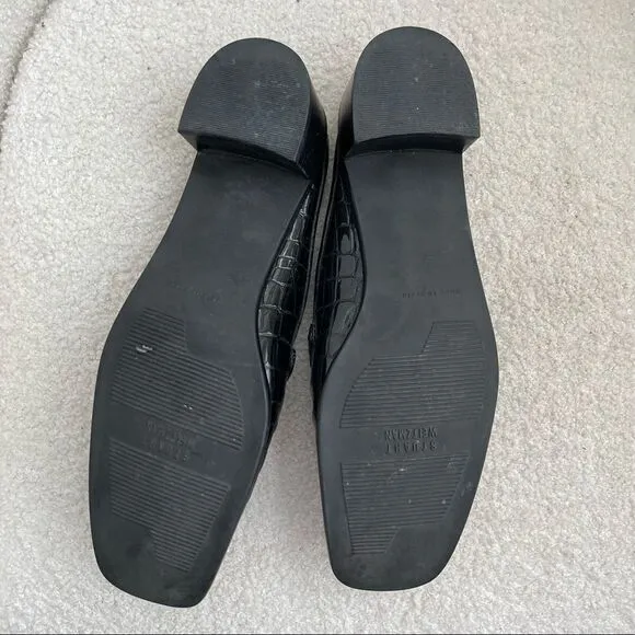 Stuart Weitzman Black Crocodile Patent Leather Block Heel Mules Shoes 8 Narrow