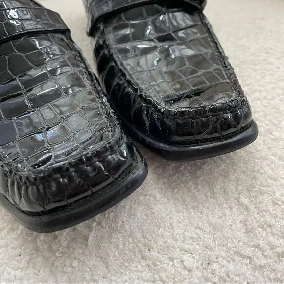 Stuart Weitzman Black Crocodile Patent Leather Block Heel Mules Shoes 8 Narrow