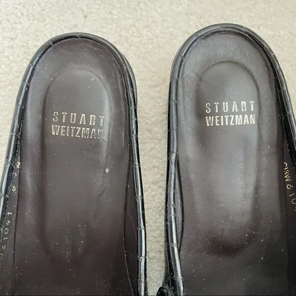 Stuart Weitzman Black Crocodile Patent Leather Block Heel Mules Shoes 8 Narrow