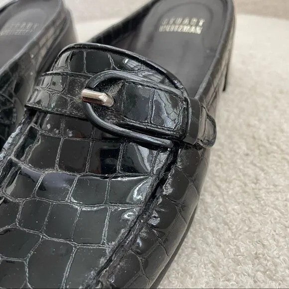 Stuart Weitzman Black Crocodile Patent Leather Block Heel Mules Shoes 8 Narrow
