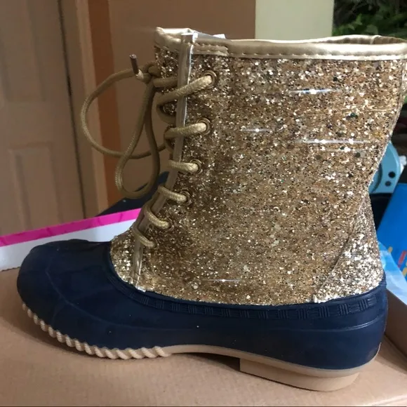 Sugar gold glitter Duck boots with blue size 8