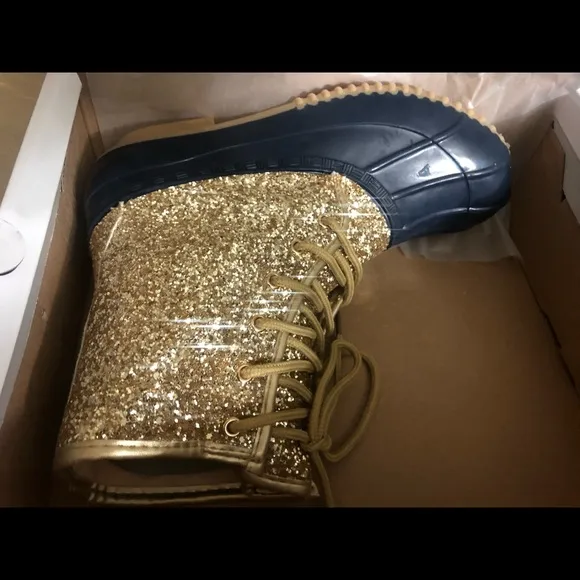 Sugar gold glitter Duck boots with blue size 8