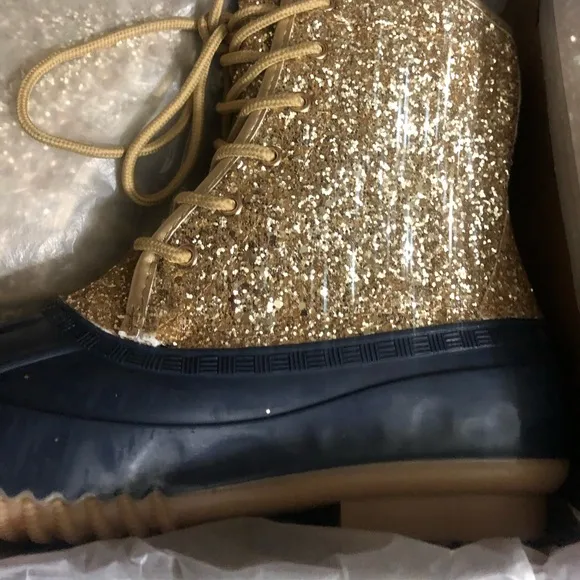 Sugar gold glitter Duck boots with blue size 8
