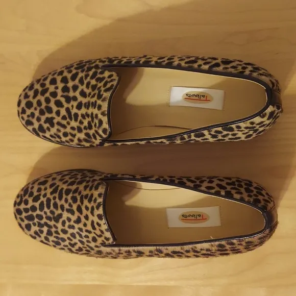Talbots Cheetah Print Pony Haired Leather Soled Loafers Size 6.5 Black Tan EUC
