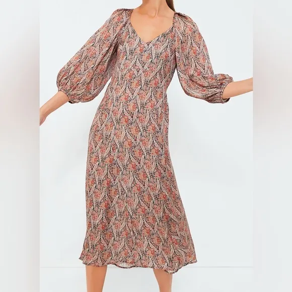 THE GREAT. Fountain midi dress Ladies size 0 xs Ornate paisley print brown