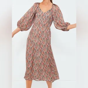 THE GREAT. Fountain midi dress Ladies size 0 xs Ornate paisley print brown