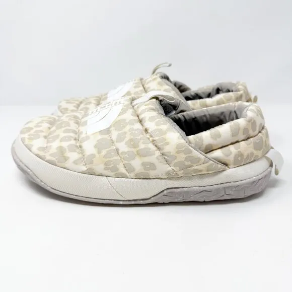 The North Face Cream &amp; Gray Leopard Print Goose Down Fill Puffer Loafers Size 10