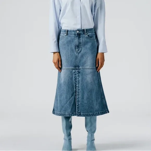 TIBI Denim 4 Pocket Front Slit A Line Midi Skirt Size 26 Classic Denim
