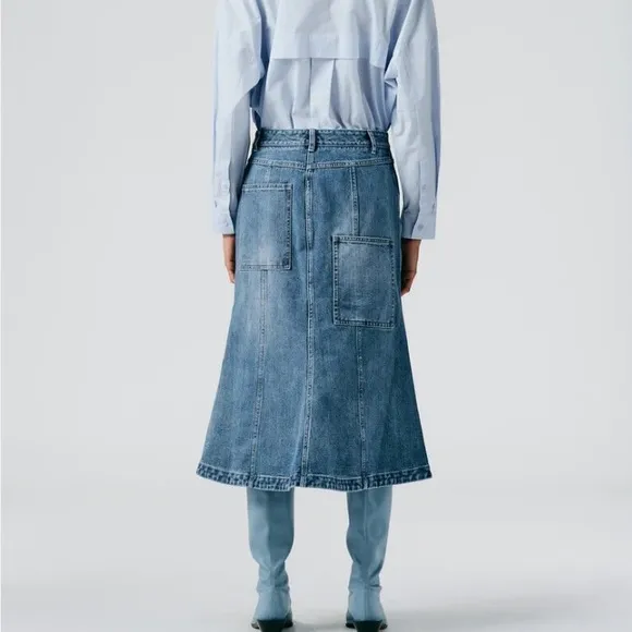 TIBI Denim 4 Pocket Front Slit A Line Midi Skirt Size 26 Classic Denim