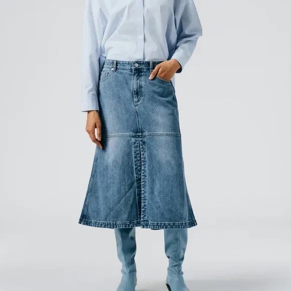TIBI Denim 4 Pocket Front Slit A Line Midi Skirt Size 26 Classic Denim
