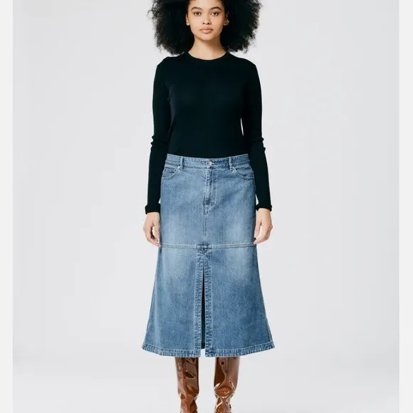TIBI Denim 4 Pocket Front Slit A Line Midi Skirt Size 26 Classic Denim