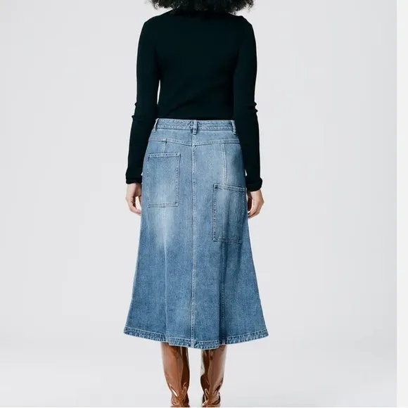 TIBI Denim 4 Pocket Front Slit A Line Midi Skirt Size 26 Classic Denim