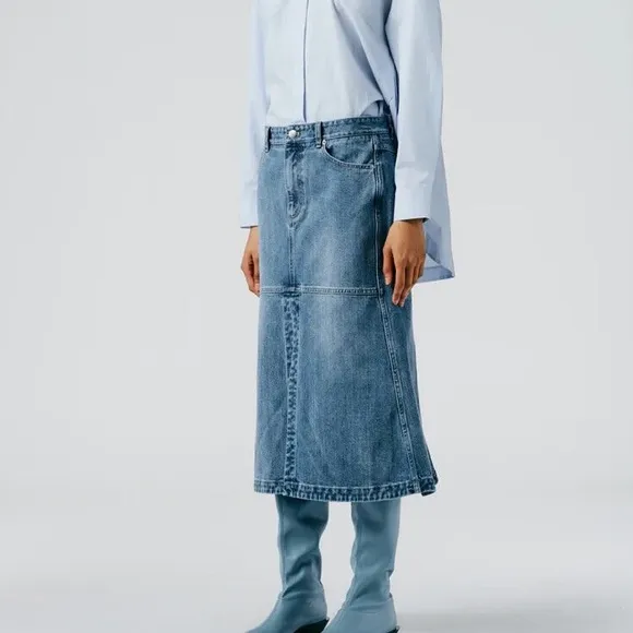 TIBI Denim 4 Pocket Front Slit A Line Midi Skirt Size 26 Classic Denim
