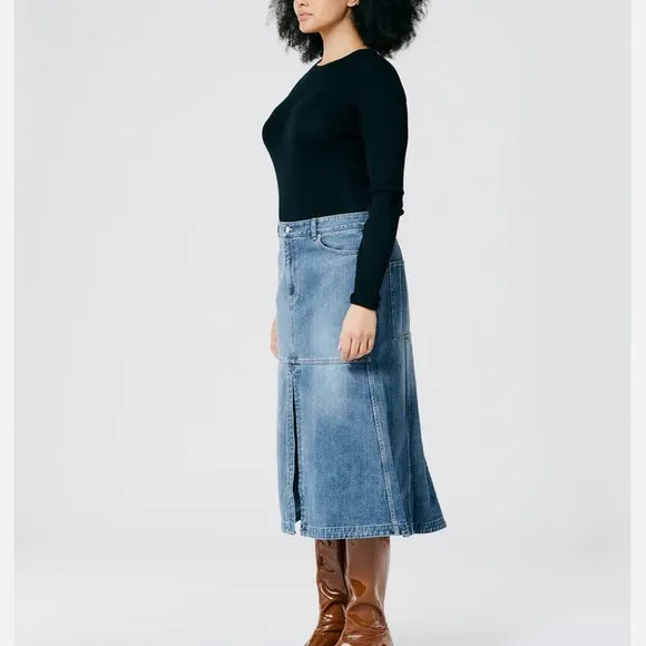 TIBI Denim 4 Pocket Front Slit A Line Midi Skirt Size 26 Classic Denim