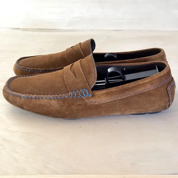 To Boot New York Mitchum Driving Shoes Loafers Brown Suede Blue Stitching Men 8