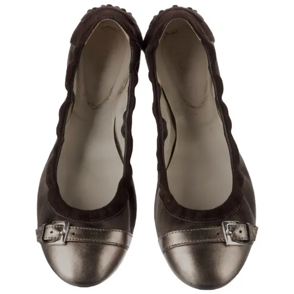 Tod’s Dee Suede and Metallic Leather Buckle Detail Cap Toe Ballet Flat Sz 38