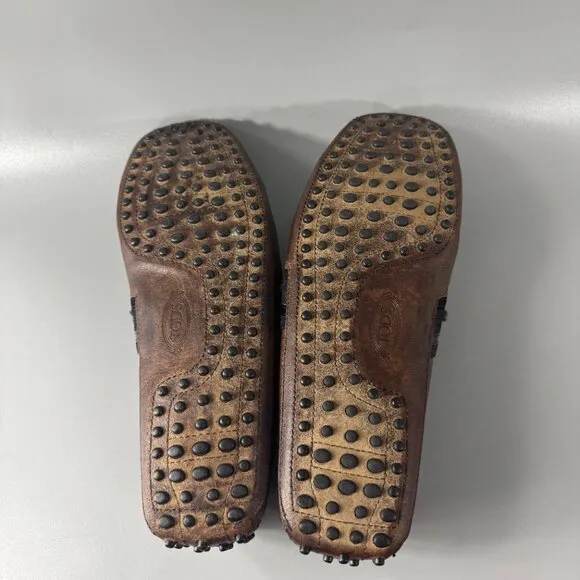 Tod's Men's Slip On Loafers Brown Leather Pebble Outsole Moccasin Shoes Size 8.5