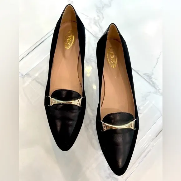 TOD’S mixed media black leather &amp; suede pointy toe flats loafers size 40