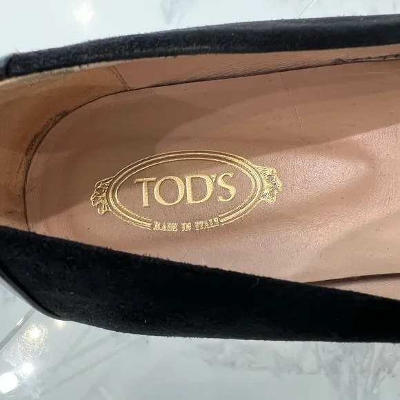 TOD’S mixed media black leather &amp; suede pointy toe flats loafers size 40