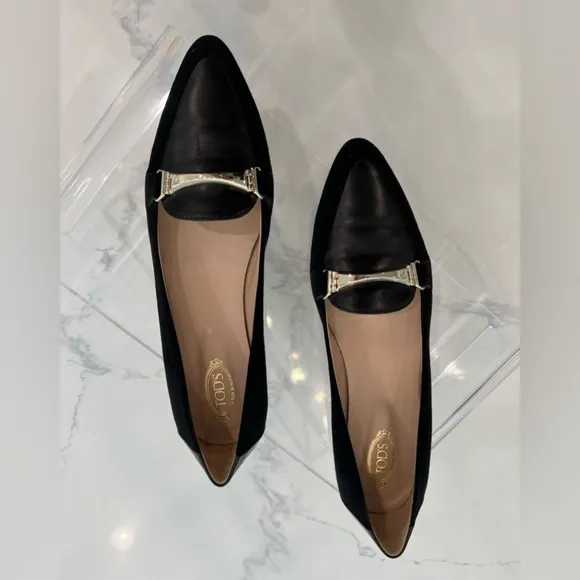 TOD’S mixed media black leather &amp; suede pointy toe flats loafers size 40