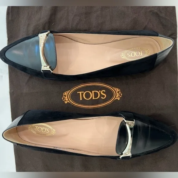 TOD’S mixed media black leather &amp; suede pointy toe flats loafers size 40