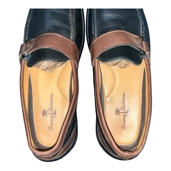 TOMMY BAHAMA MEN'S BLACK WITH ESPRESSO LEATHER SLIP ON LOAFERS SHOES SIZE 8 1/2